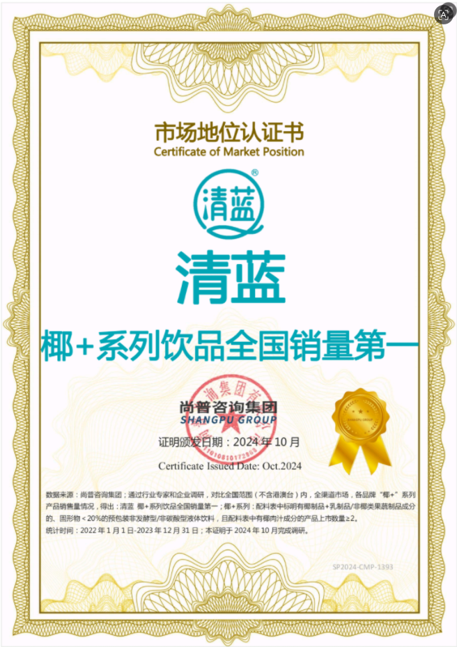 椰+系列饮品全国销量第一市场地位认证书
